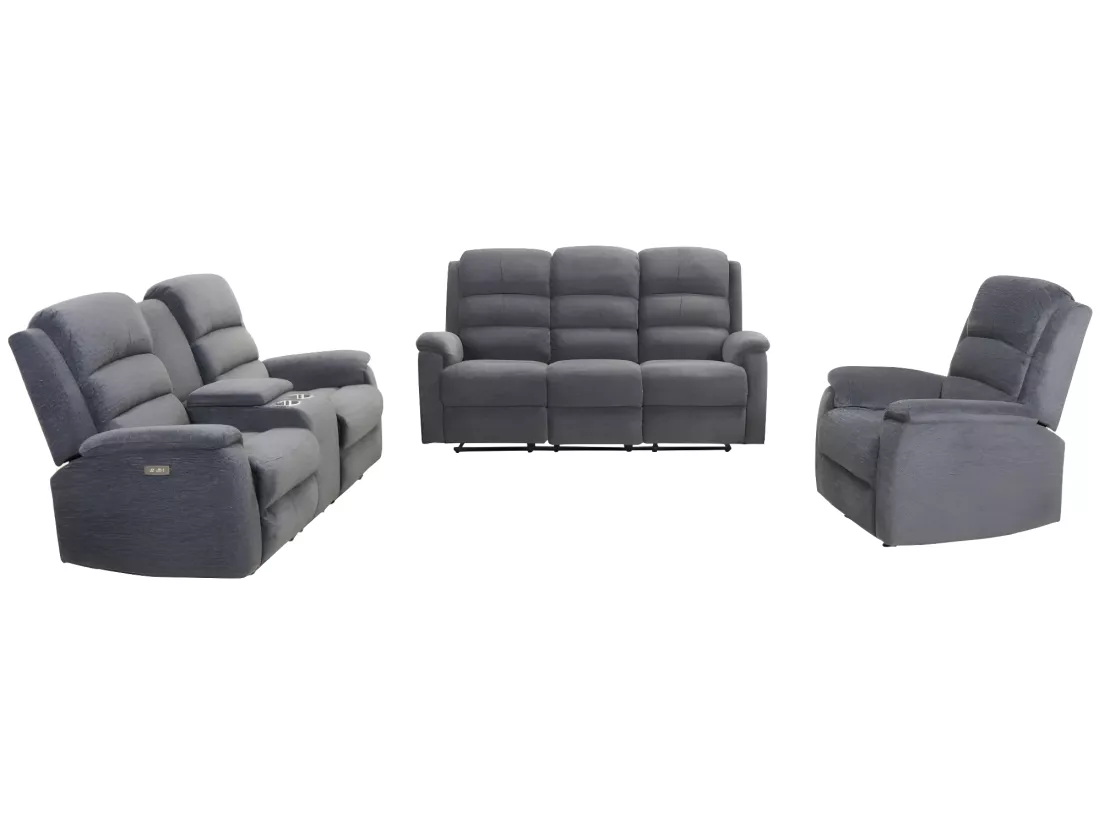 Canapés 3 places 2 places et un fauteuil relax électrique en tissu anthracite NEVERS