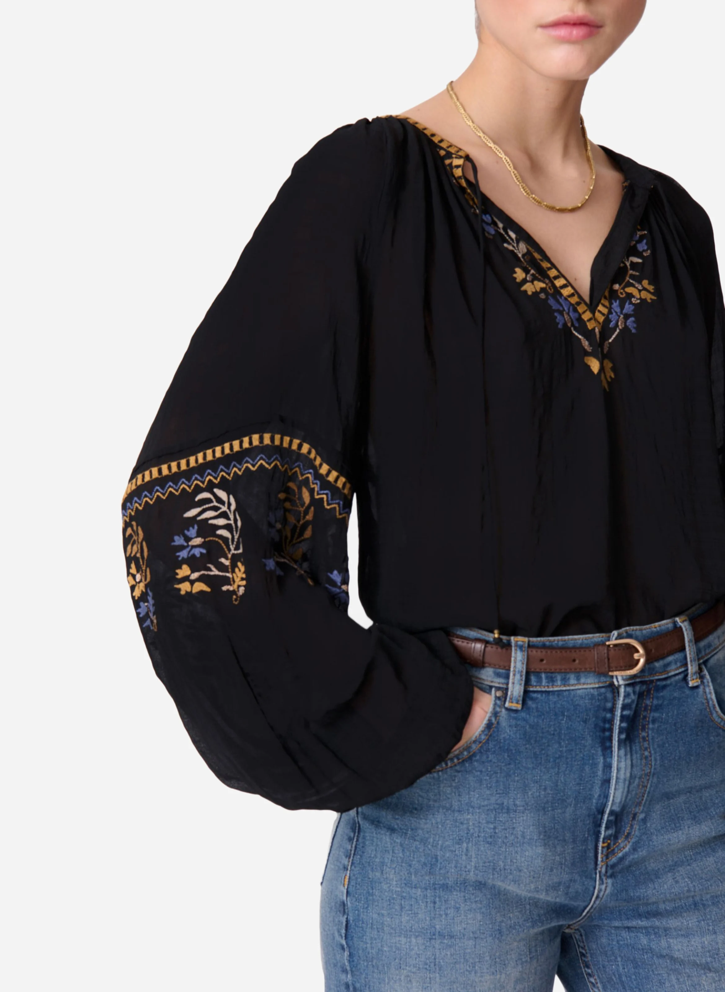 DYLAN - Blouse col tunisien brodée| Noir