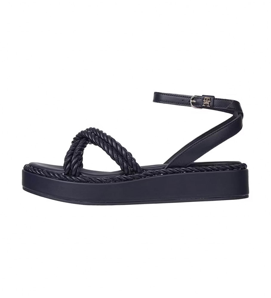 Sandálias Tommy Hilfiger de couro com tira no tornozelo e cordão, azul-marinho