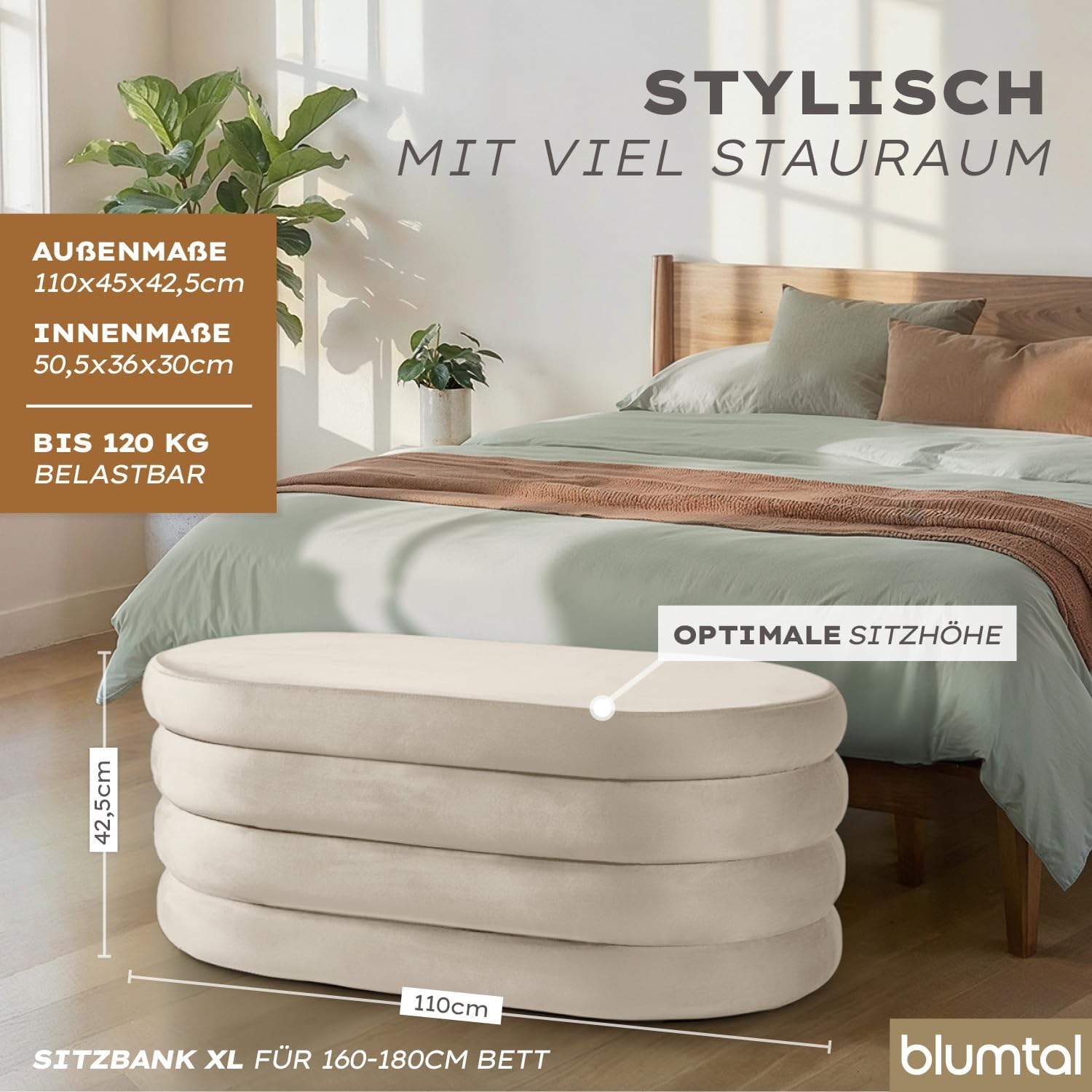 Blumtal Sitzbank mit Stauraum XL oval, Samt-Bezug - robuste Polsterbank mit Stauraum Samtoptik extra weich 110 x 45 x 42.5 cm - Polsterbank mit Stauraum - wunderschöner Samt-Look - Ottoman Creme