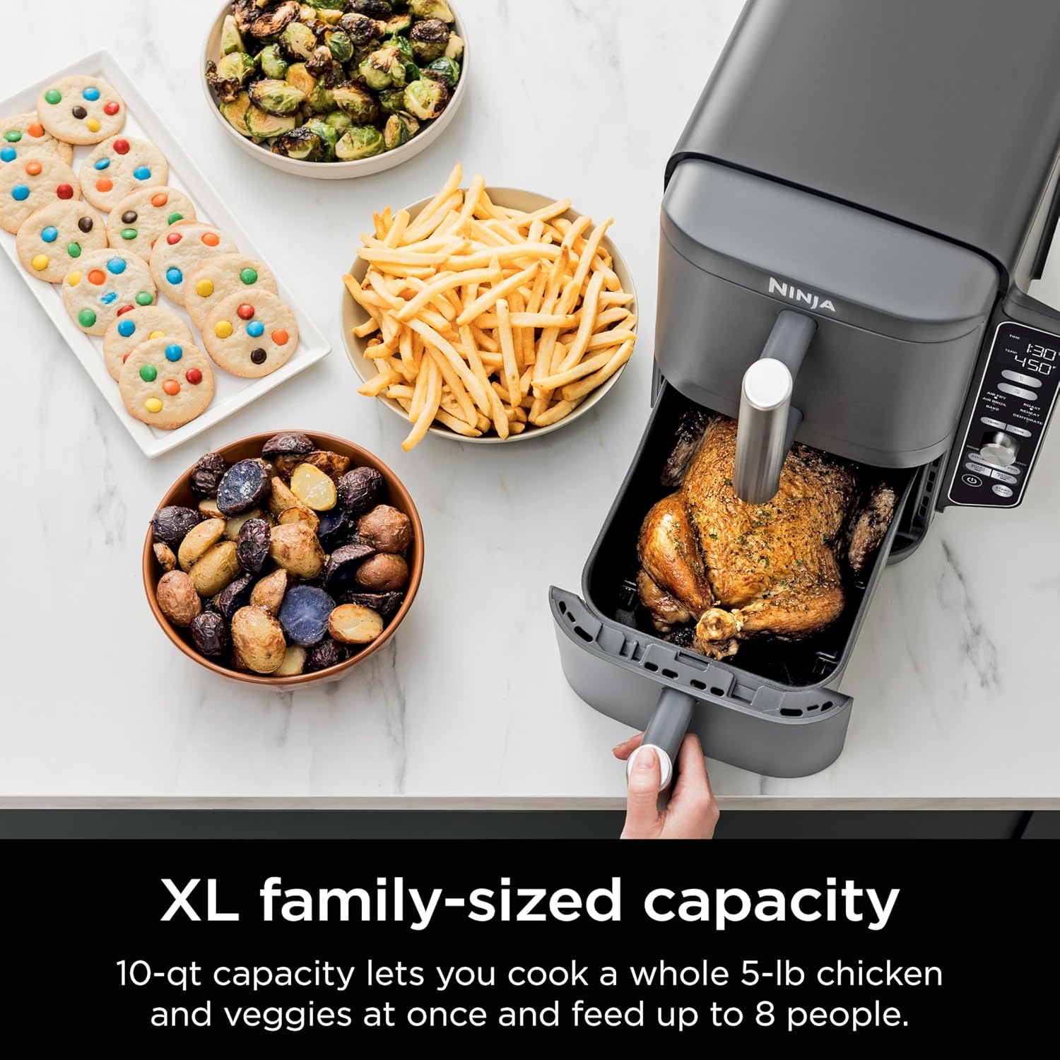 Ninja SL401 DoubleStack XL Friteuse à air comprimé à 2 paniers, technologie DoubleStack cuit 4 aliments à la fois, design compact, 10 litres, 6 en 1, finition intelligente et cuisson des allumettes