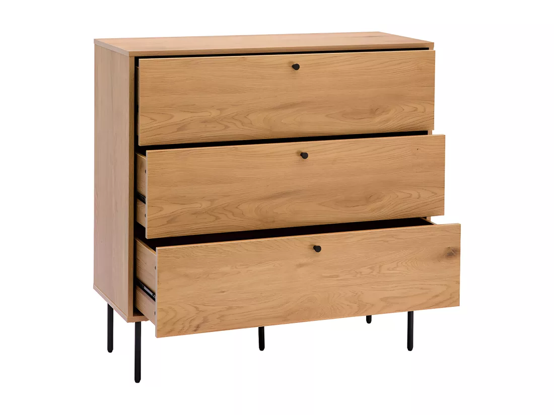 Commode finition bois clair chêne et pieds métal noir 3 tiroirs L100 cm PERNELLE