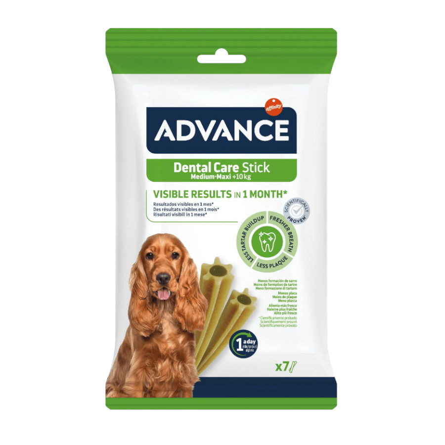 Petiscos Advance Dental Care nos tamanhos Médio e Maxi para cães.