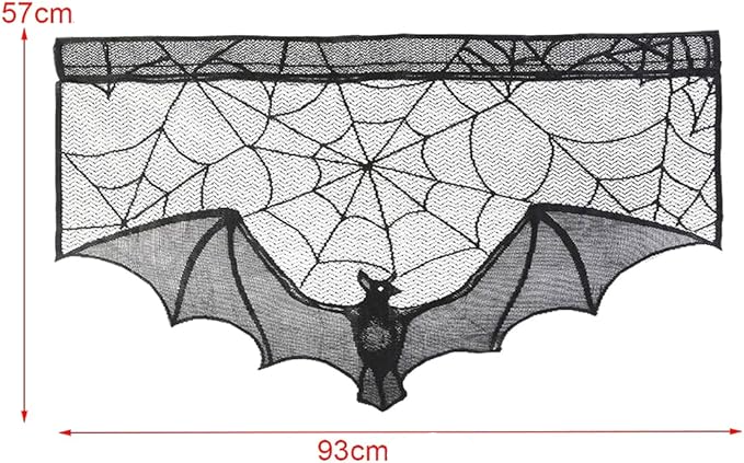 (93x57cm) Spinnen Netz Tuch Gardine Halloween Türvorhang Deko Kaminschal - Fledermaus