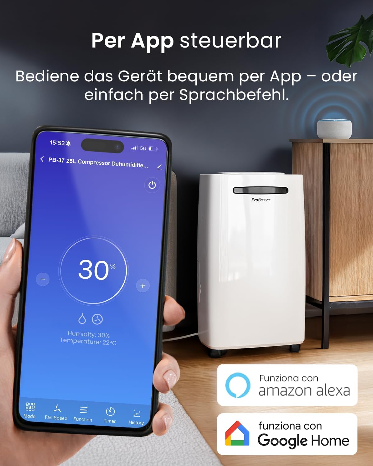 Pro Breeze Luftentfeuchter 25L in 24h Entfeuchtungsleistung - Raumgröße ca. 195m³ (~30 m²) - mit 4 Betriebsarten, Digitalanzeige, Ablaufschlauch, Wäschetrocknung, Timer - Gegen Feuchtigkeit, Schimmel