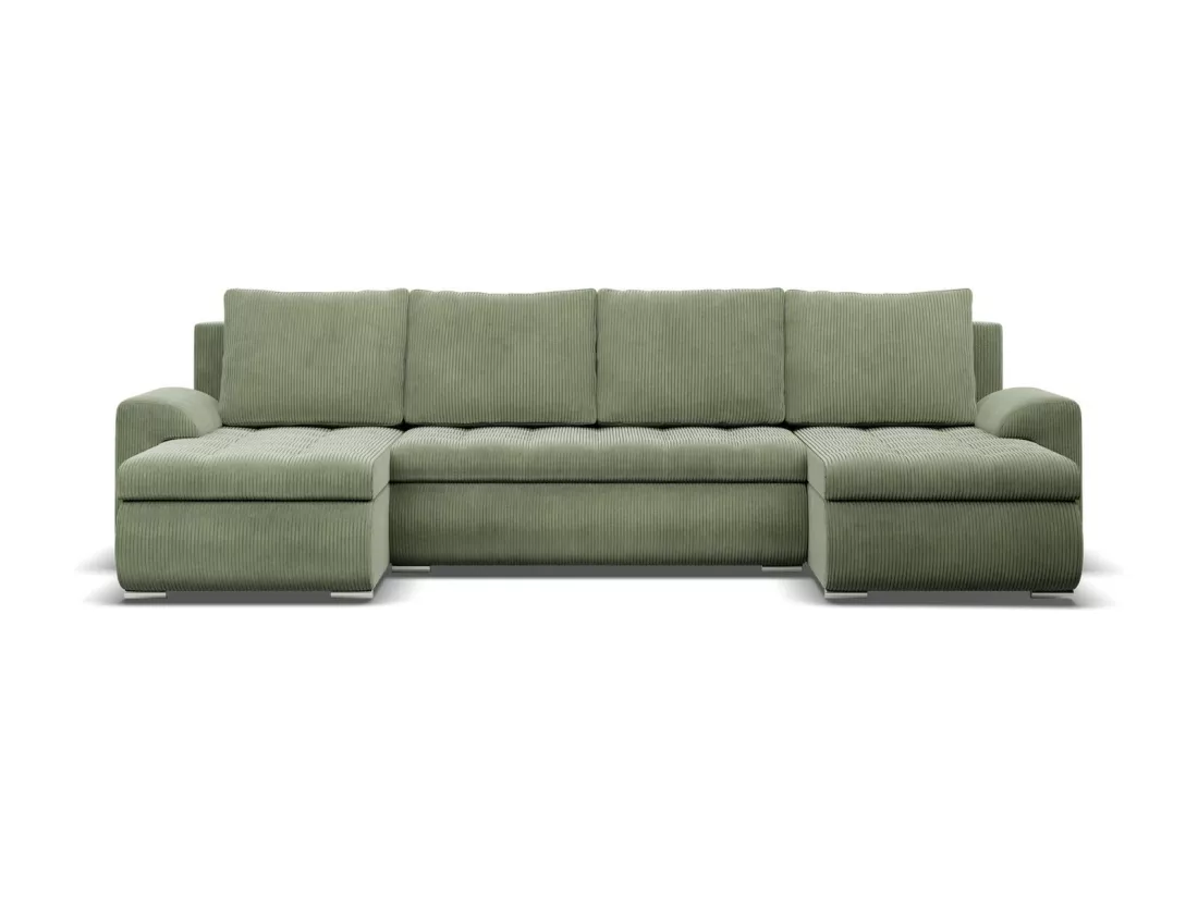 Canapé d'angle en U avec fonction sommeil, 2 méridiennes, Cord - Vert