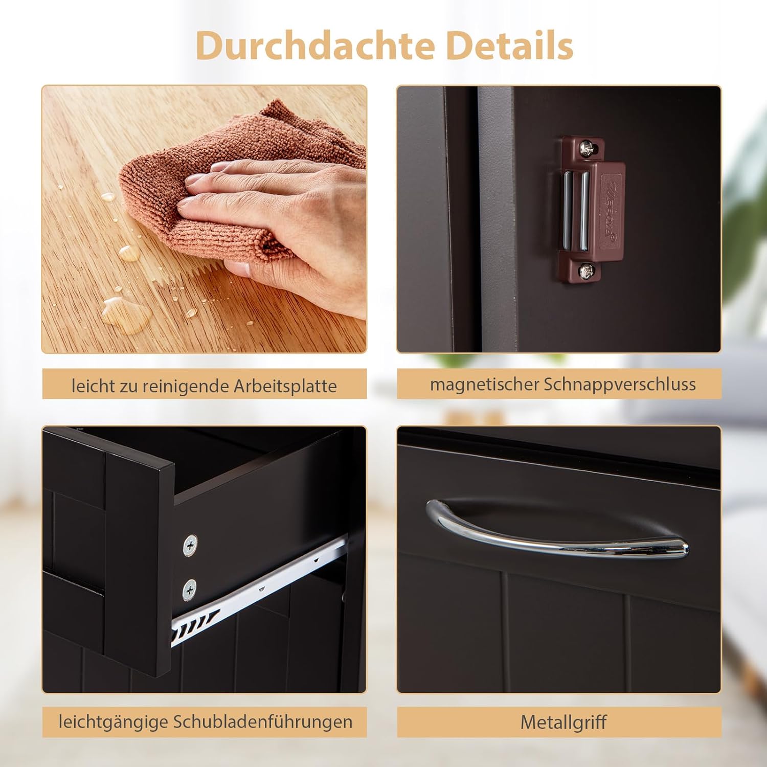 COSTWAY Kommode für Mülleimer 42L, Küchenschrank mit großer Arbeitplatte & 2 Schubladen & verstellbarem Regal, Mülleimerschrank mit Mülleimerhalter, Schrank für Küche ohne Mülleimer (Braun)