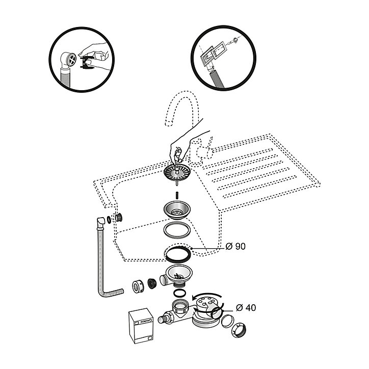 Siphon extra-plat réglable blanc 90mm avec bouchon et trop-plein Wirquin