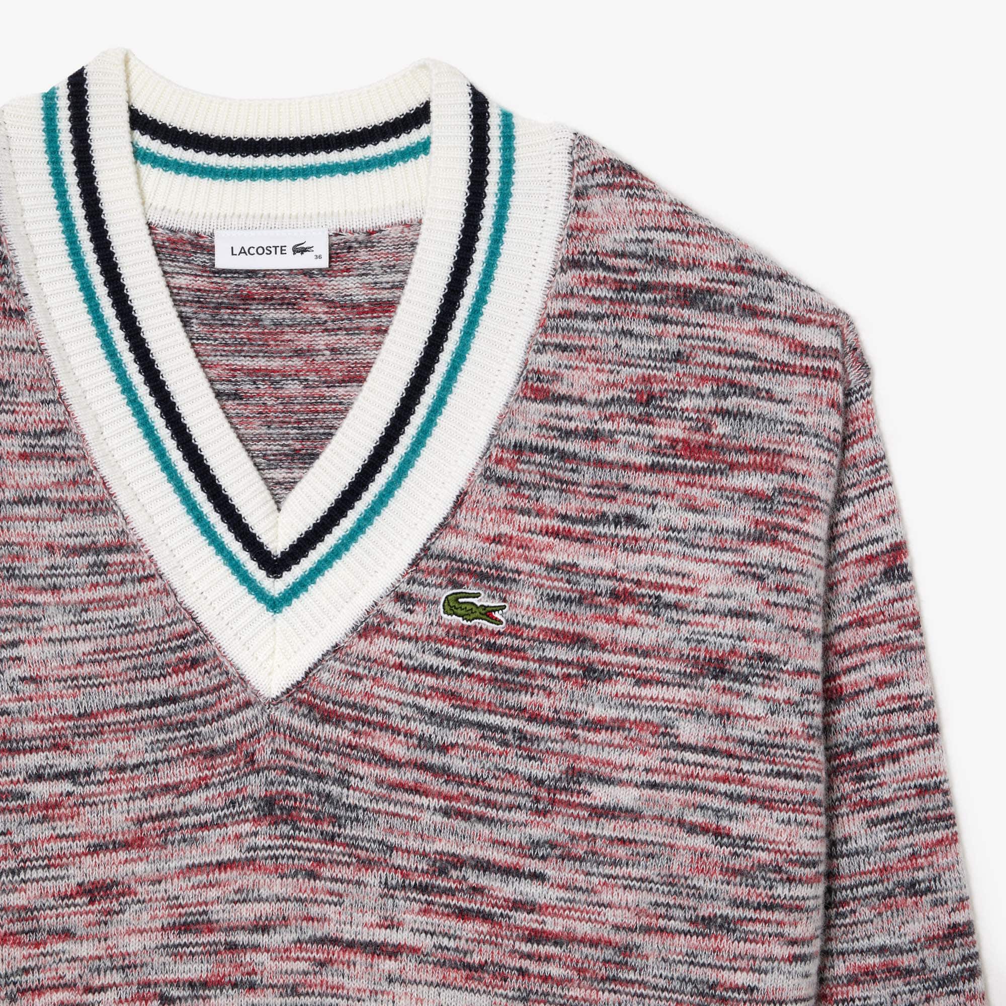 Pull à col V contrasté rayé en alpaga Pullovers - Blanc - Lacoste - Femme
