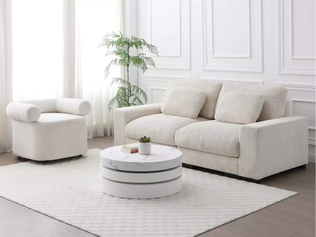 Table basse pivotante ronde avec 1 niche en MDF - Effet marbre blanc et blanc laqué - JANITA