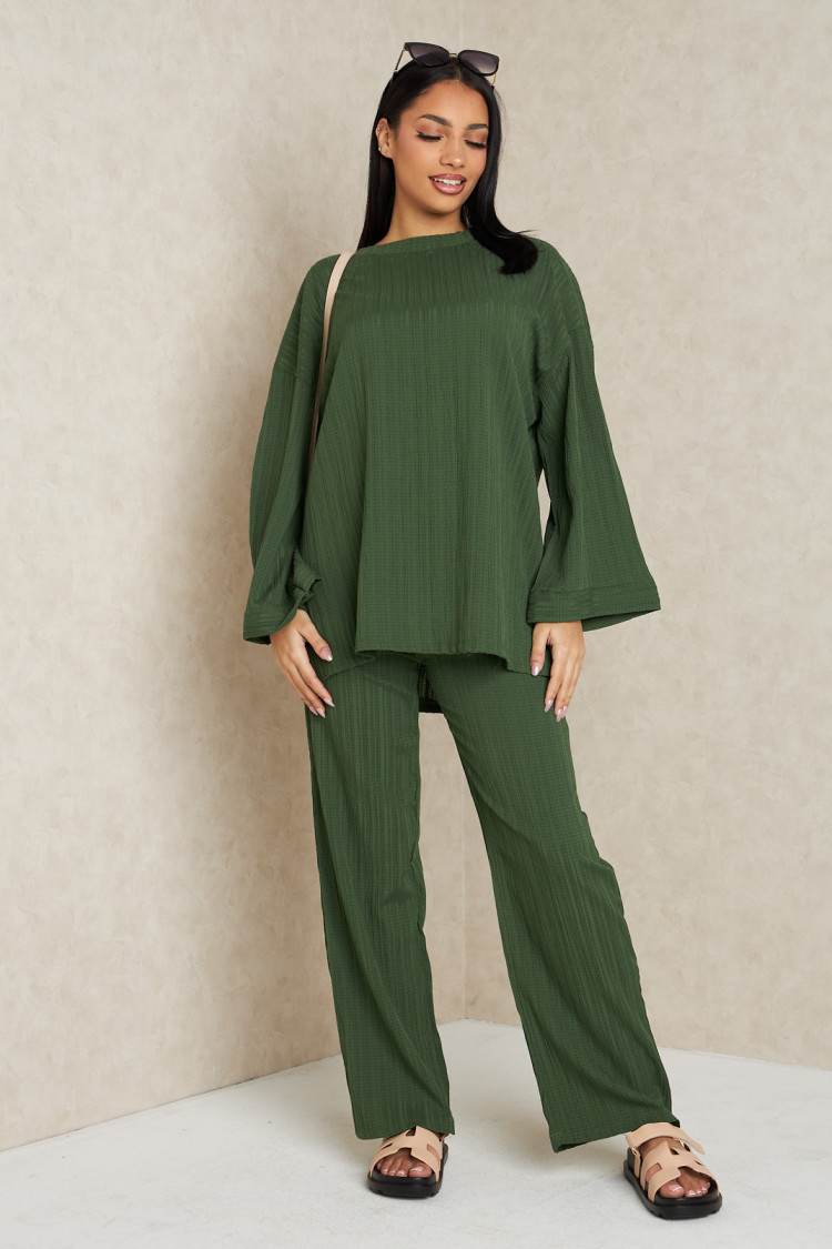 Ensemble 2 pièces pull fin + pantalon à rayures kaki
