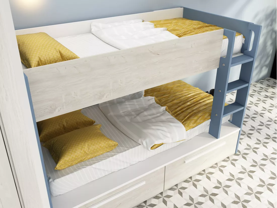 Lits superposés 2 x 90 x 200 cm - 2 tiroirs - Bleu, naturel et blanc + Matelas - TINOLI