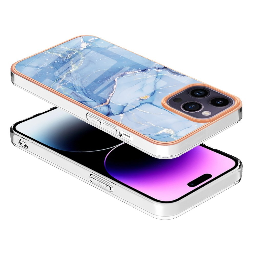 iPhone 14 Pro Gummi Case Hülle Galvanisierter Rahmen Marble Marmor Design - Hellblau / Roségold
