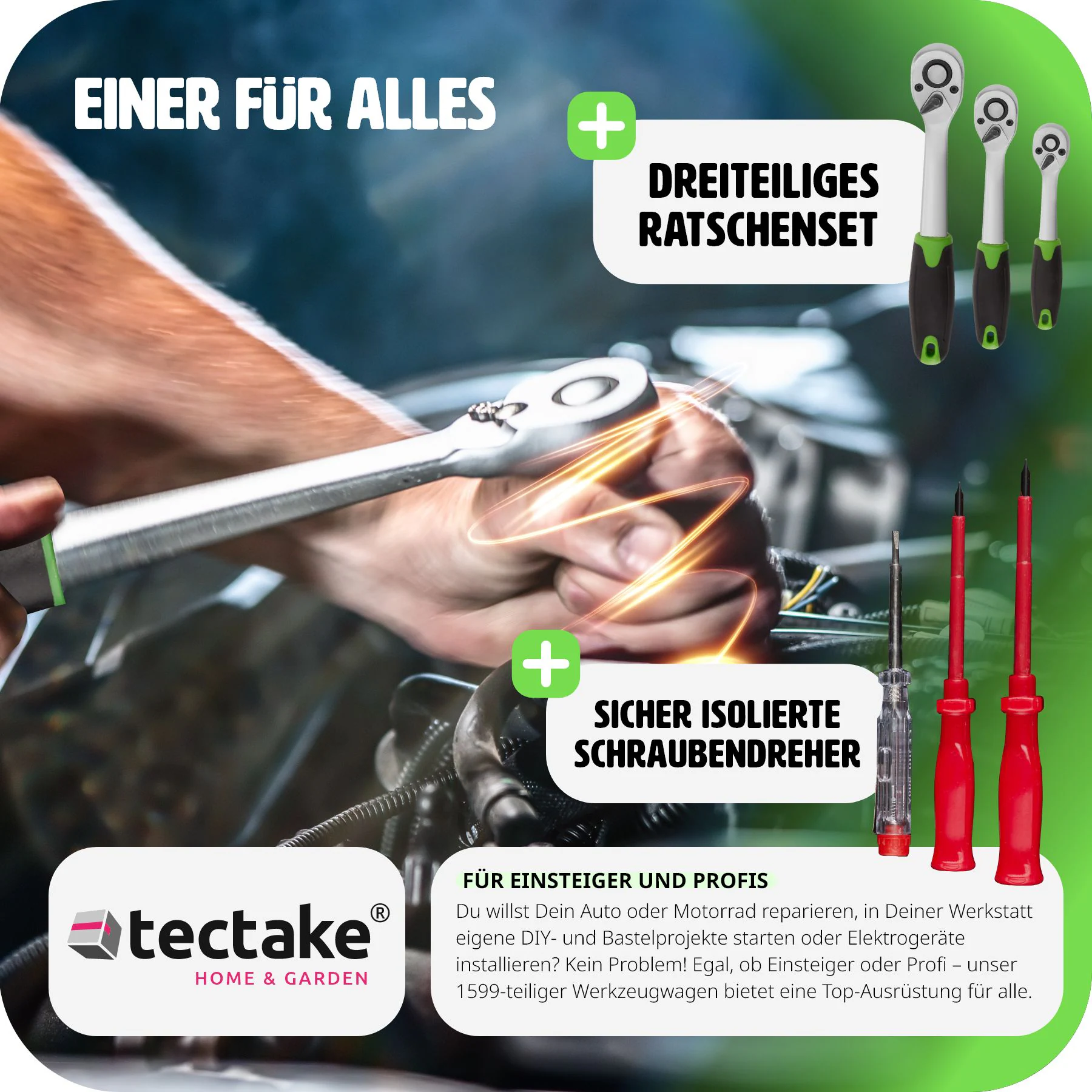 tectake® Werkzeugwagen, bestückt, 1599-teilig, 7 kugelgelagerte Schubladen, zentrale Sicherheitsverriegelung, Rollen Ø 124 mm, Inklusive Kniebrett