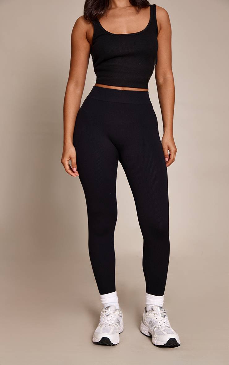 Noir Legging Sans Couture Côtelé Ajusté Petite
