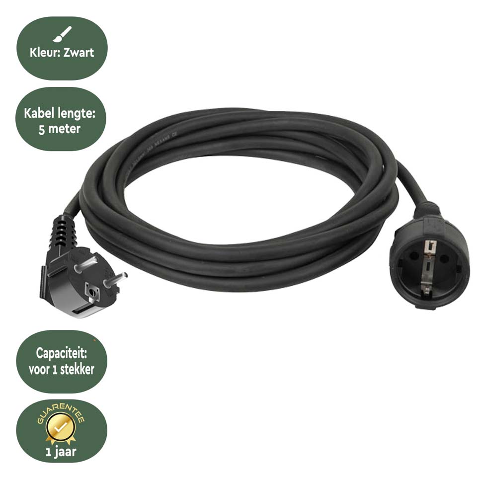 BRASQ 5 meter verlengsnoer met randaarde - Black