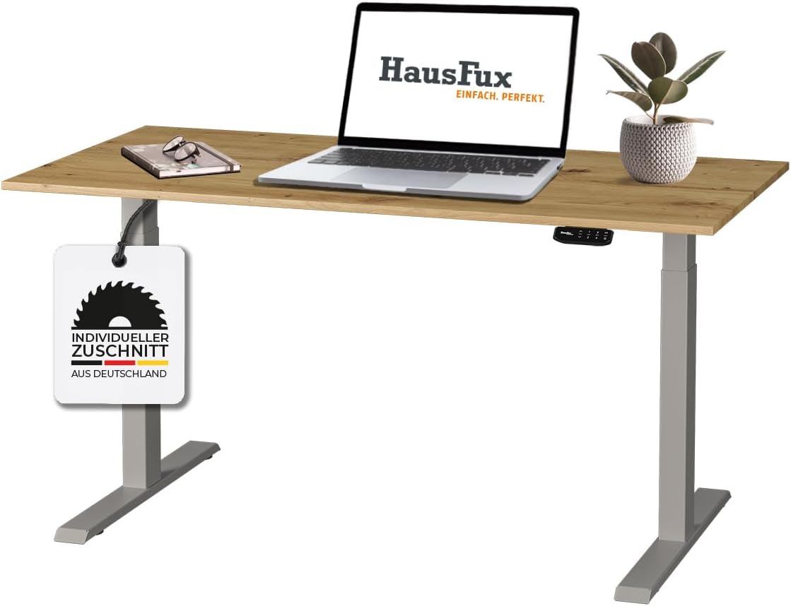 Höhenverstellbarer Schreibtisch auf Maß - inkl. 2,5 cm starker, maßgefertigter Tischplatte - 2- oder 3-stufiges Gestell, OLED-Touchpanel (Artisan Eiche & Grau, 2-stufig, 110 x 60 cm)