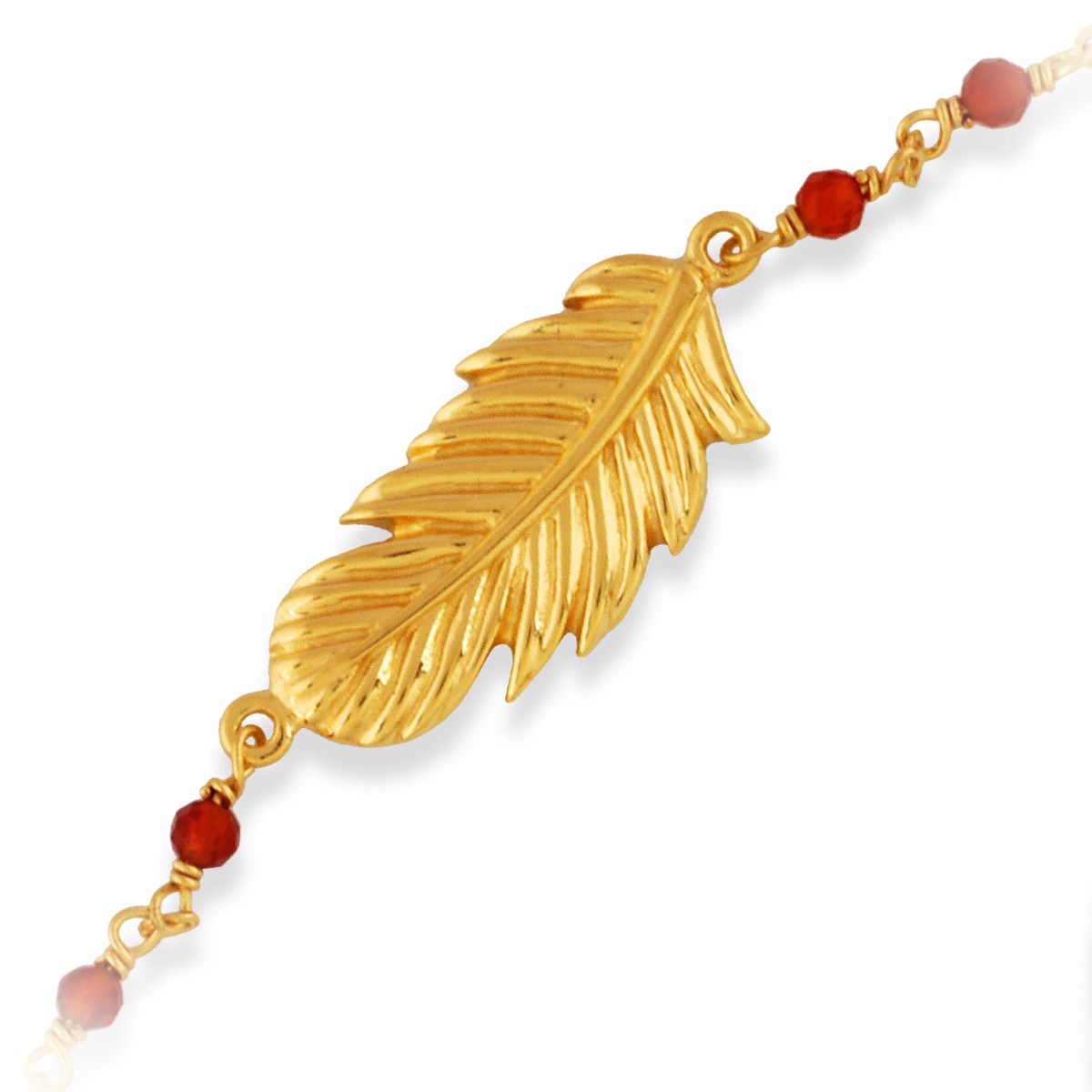 Bracelet En Argent Doré Plume Pierres Rouges