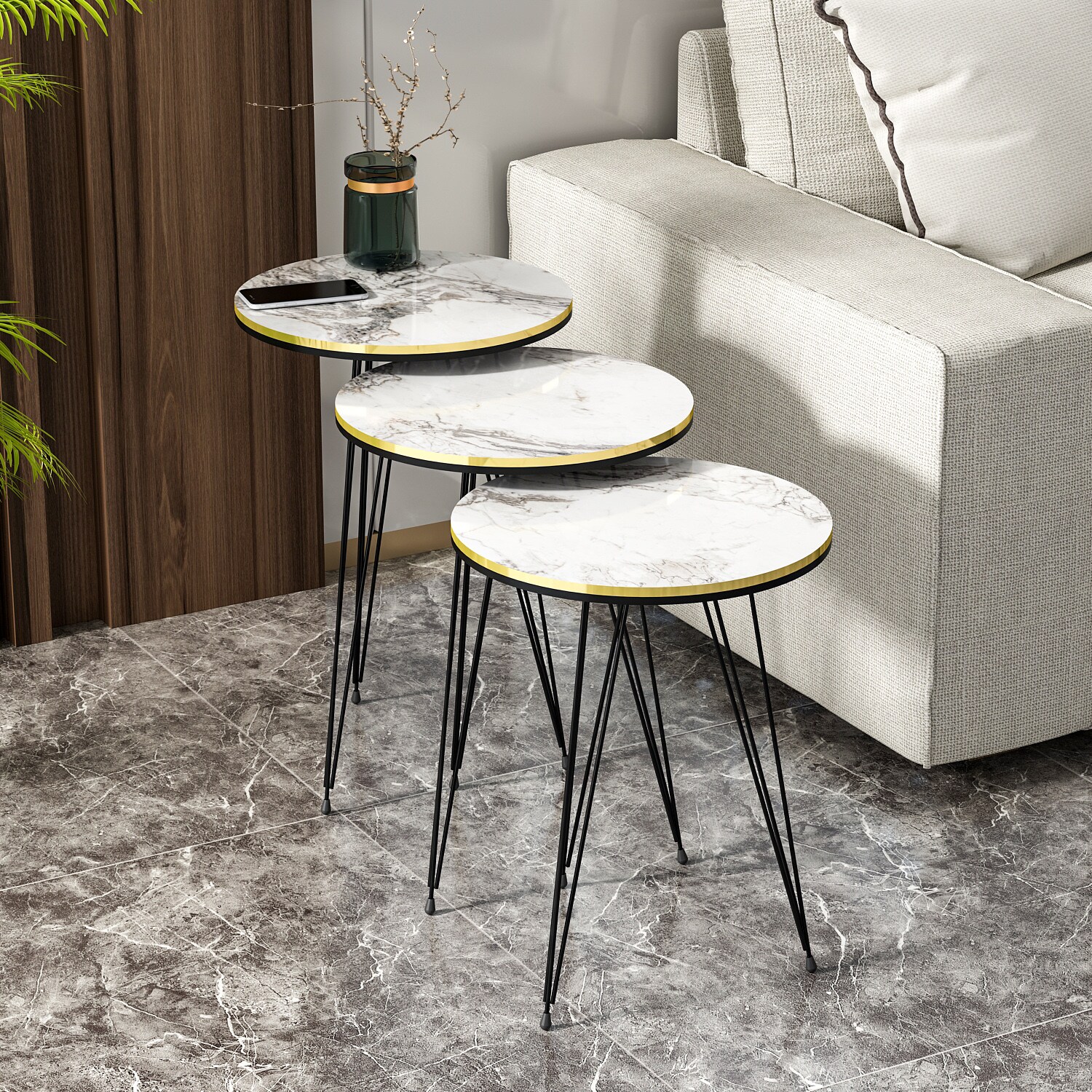 Beistelltisch 3er Set Marmoroptik Weiß 21236207