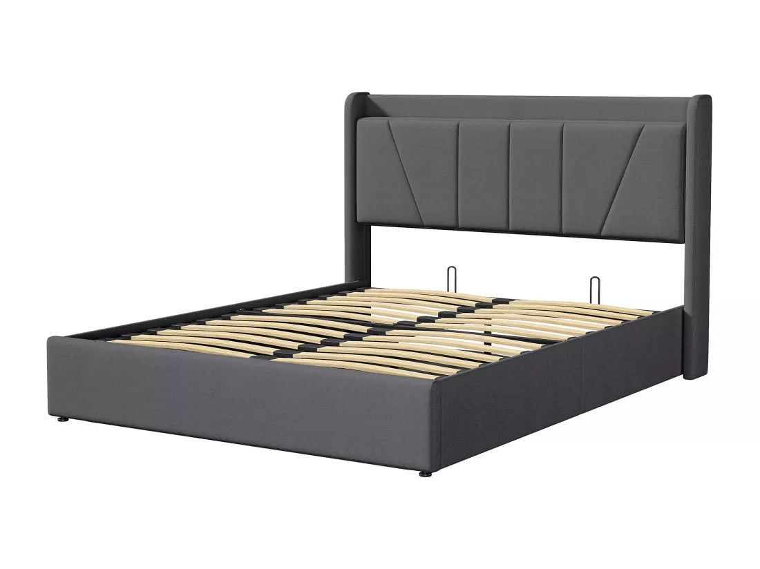 Lit double 160*200cm avec 2USB+1port de type-c+levier pneumatique, Noir, Linen