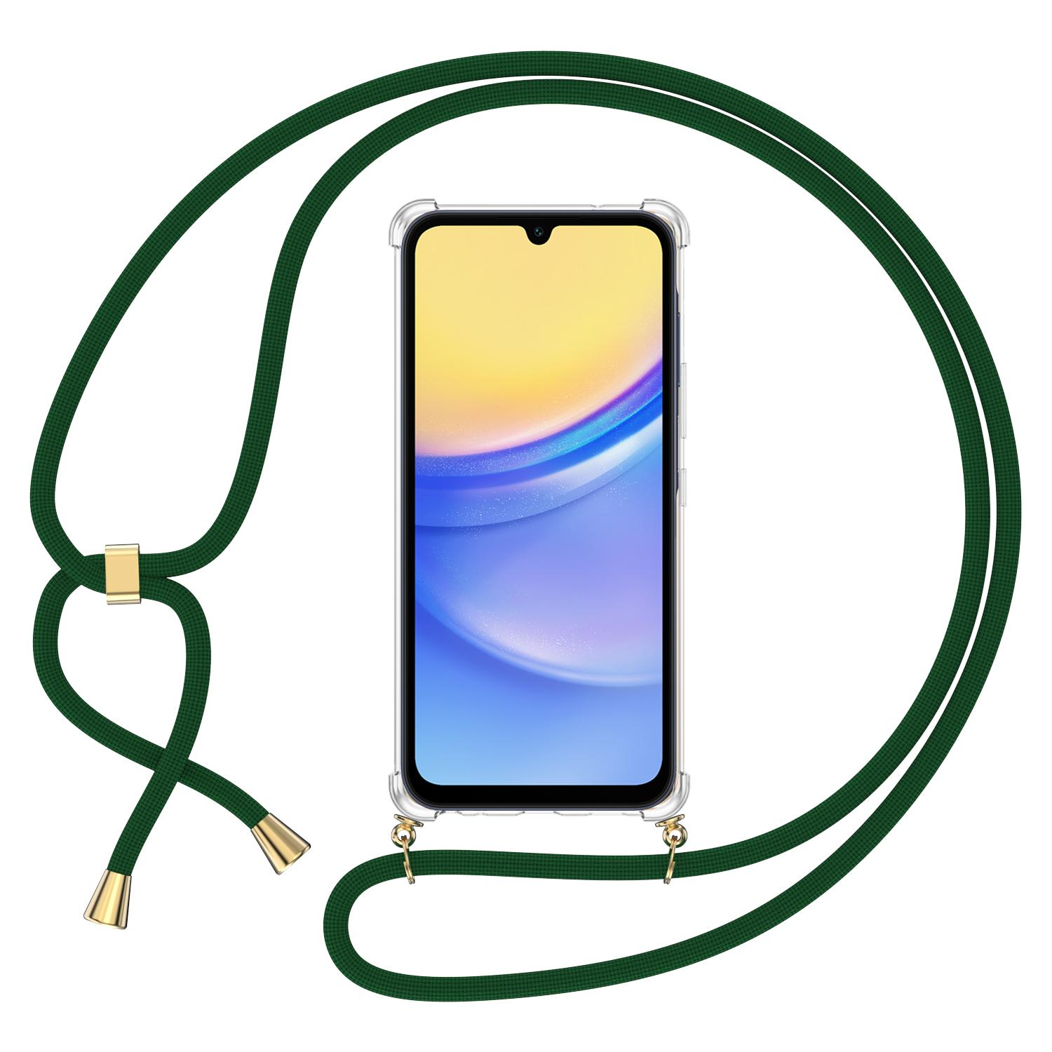 Samsung Galaxy A15 Necklace Gummi Hülle Air Cushion Fallschutz   Handykette (150cm) - Dunkelgrün / Gold