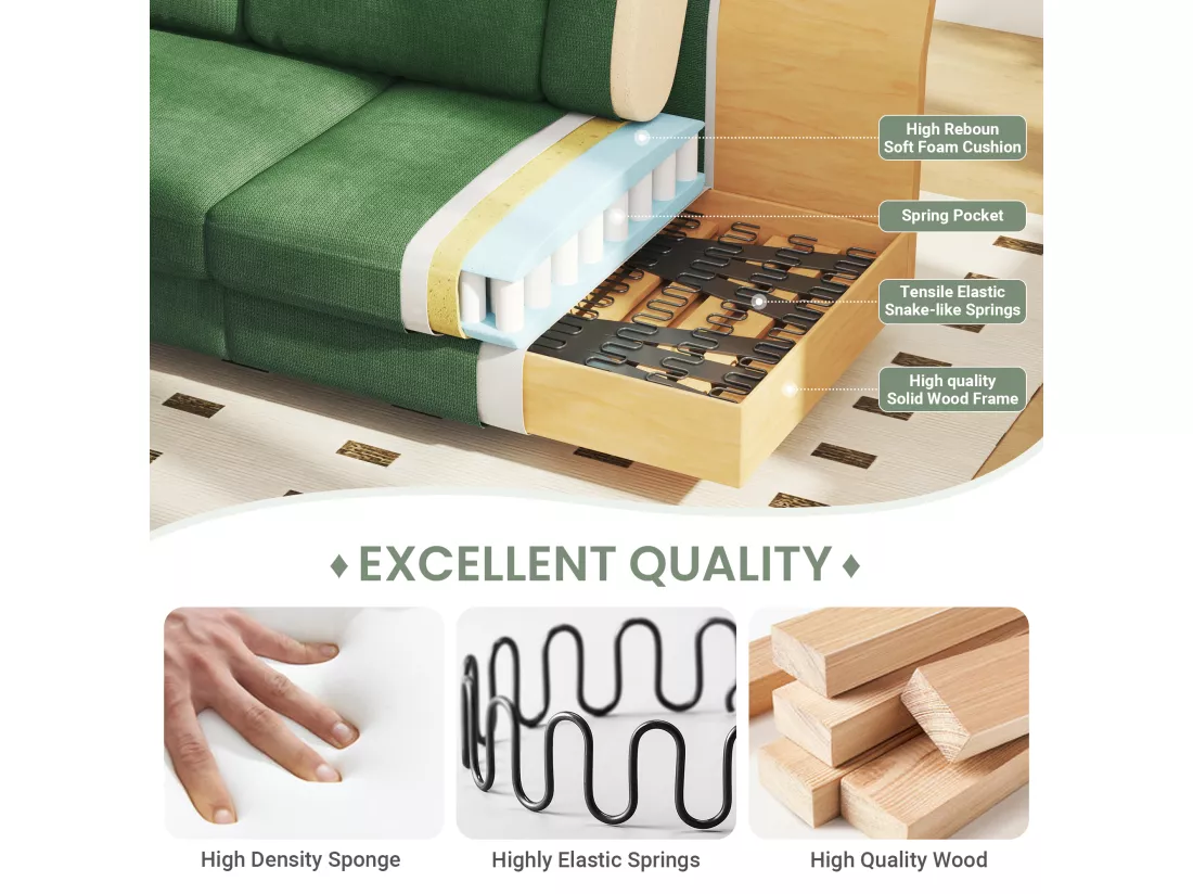 Canapé confort 3 places, Tissu en Chenille, avec accoudoirs,coussins et 2 oreillers, Charge max 365 kg - 220x76x86 cm