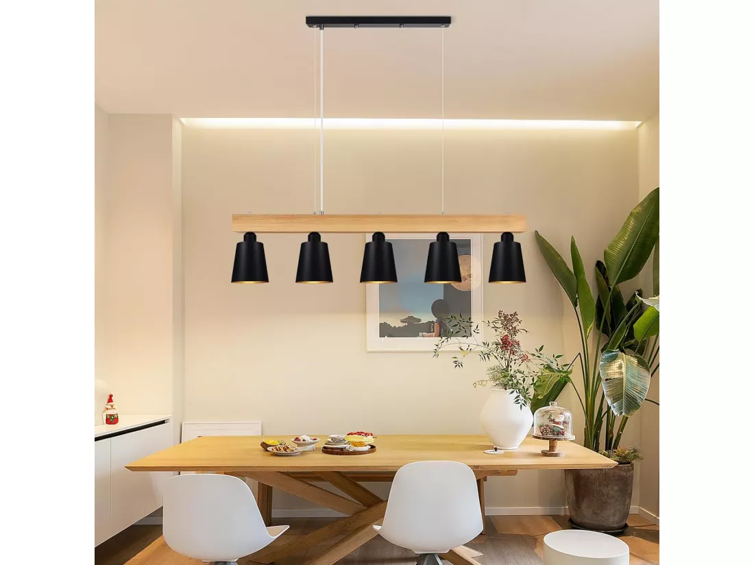 NETTLIFE Suspension 5 Ampoules E27 Noir Diam.102cm Moderne Métal et Bois Lampe de salle à Manger pour Chambre Cuisine Couloir