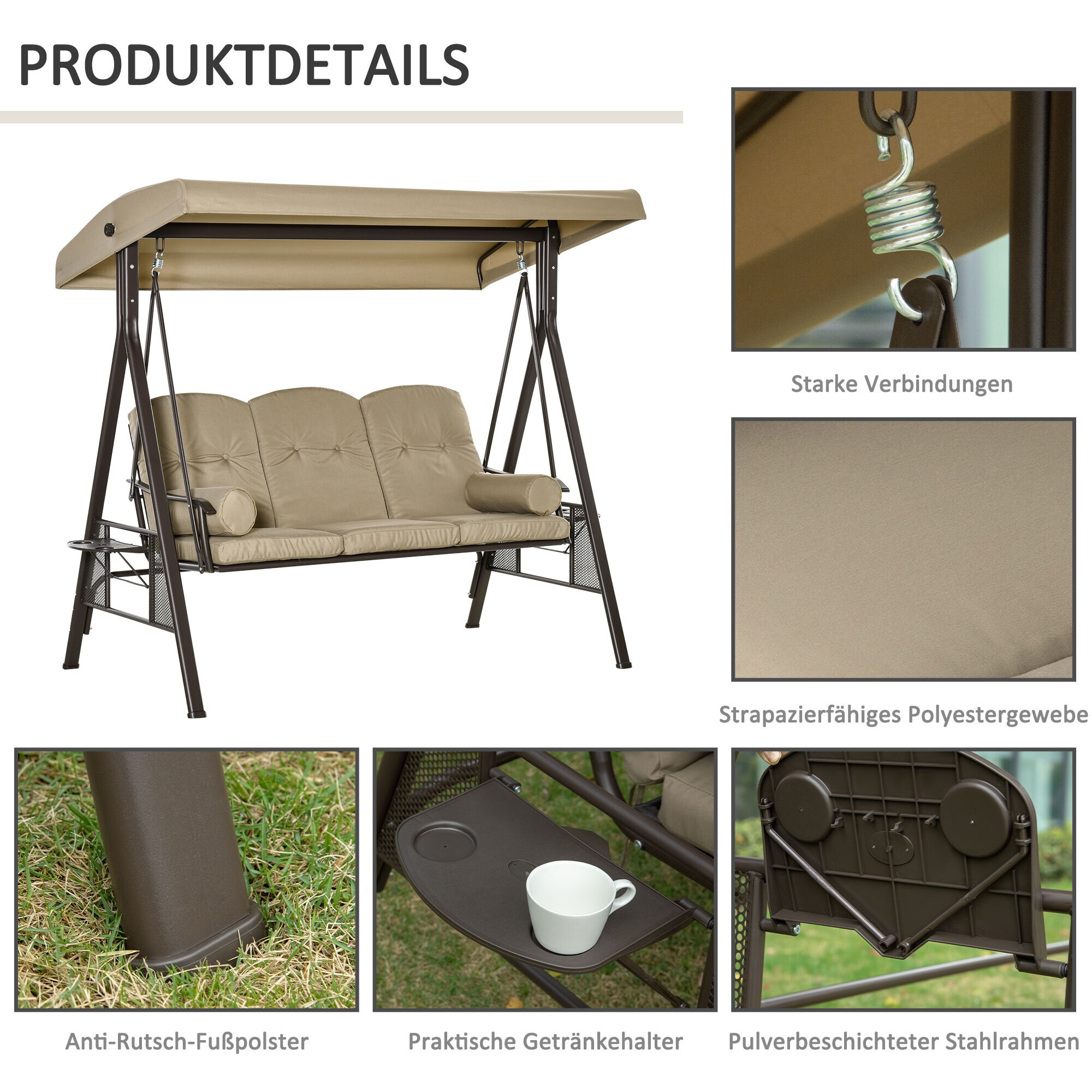 Outsunny Hollywoodschaukel als 3-Sitzer 124,5 x 206 x 180 cm (LxBxH)