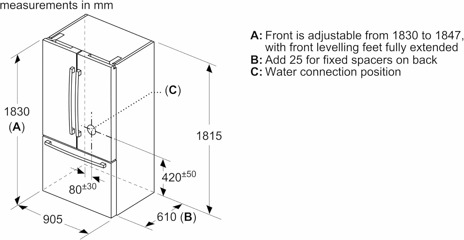 Bosch KFF96PIEP Serie 8 Smarter French Door Kühlschrank, 183 x 90,5 cm, 402 L Kühlen & 171 L Gefrieren, VitaFresh pro 3x längere Frische, NoFrost nie wieder abtauen, Eis- und Wasserspender