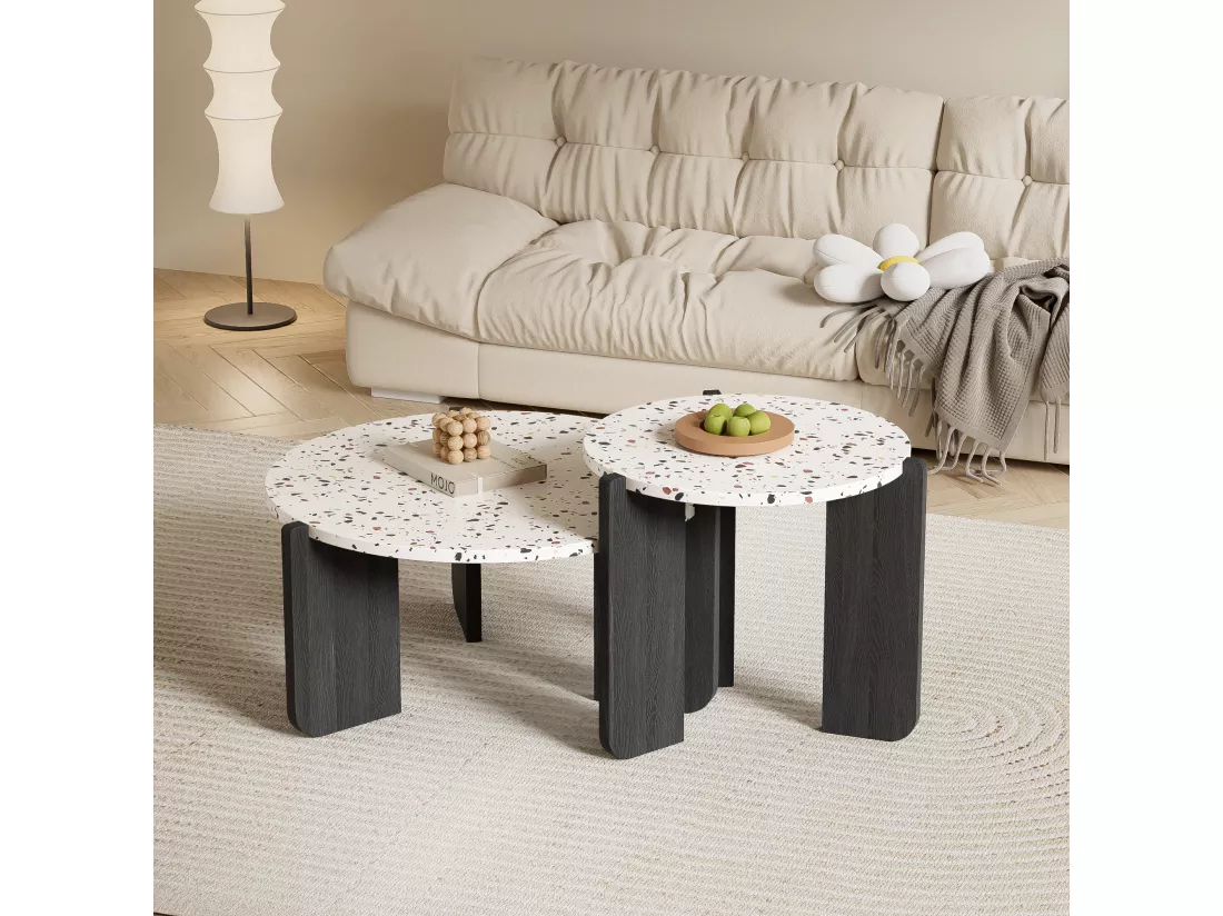 Ensemble de 2 tables basses gigognes moderne blanc et pieds noirs QEGZA BLACK