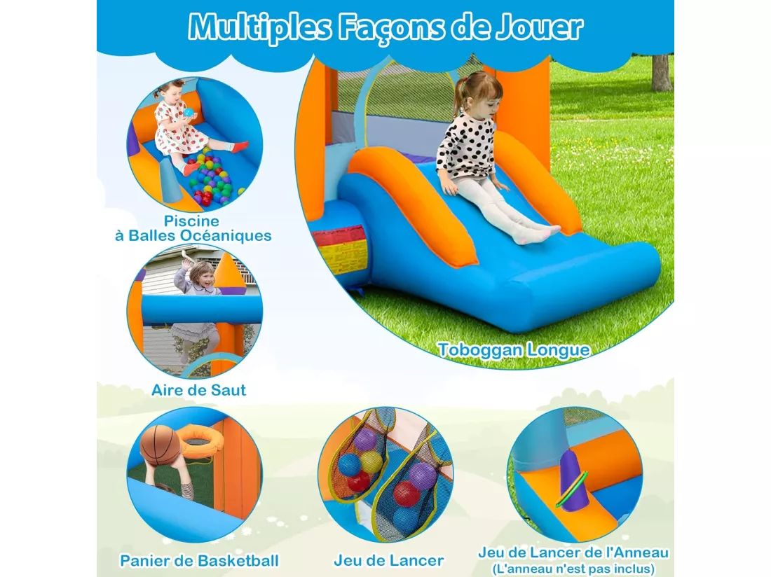 Château Gonflable 5 en 1 avec Toboggan, Maison de Saut Gonflable Intérieur Extérieur avec Piscine à Balles, Panier de Basketball, 50 Balles Océaniques, Charge 90kg pour 2 Enfants de 3-10 Ans