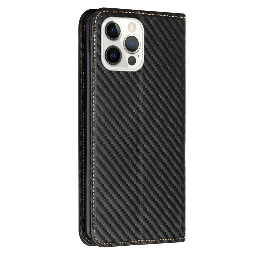 iPhone 15 Pro Leder Tasche Flip Cover Carbon Look - Schwarz