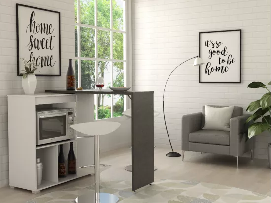Meuble de bar pivotant avec rangements - Blanc et anthracite - SATURNE