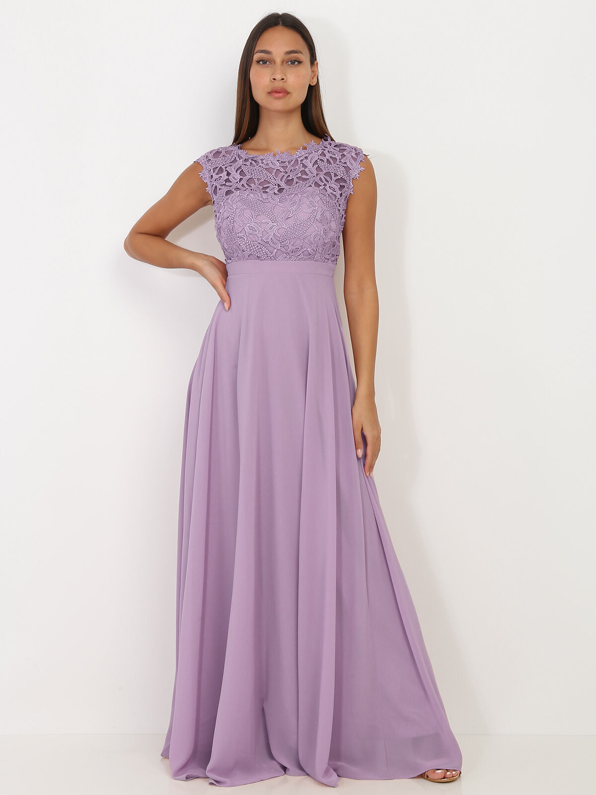 Robe longue à dentelle grandes tailles.- Violet clair