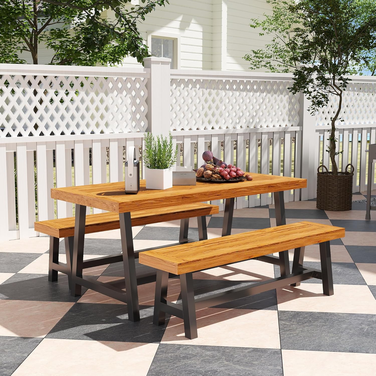Outsunny Sitzgruppe 3-teilig Holz Essgruppe für 4 Personen im Lamellendesign Esstisch mit 2 Bänke Esszimmergruppe mit Holztisch Küchentisch-Set Balkonmöbel Gartenmöbel für Terrasse, Balkon Teak