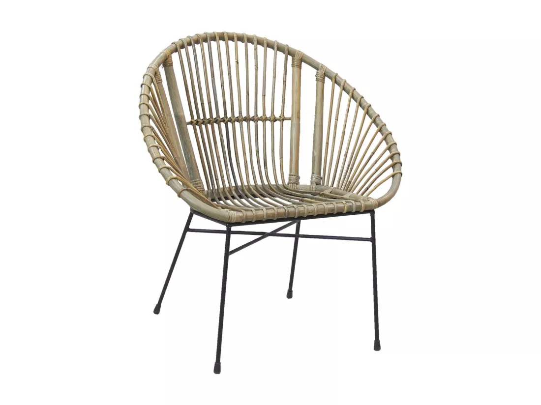 Fauteuil rond en rotin gris et métal