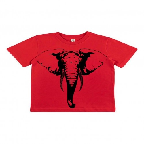 Camiseta infantil de manga curta com estampa de totem animal, em algodão orgânico, com elefante vermelho.