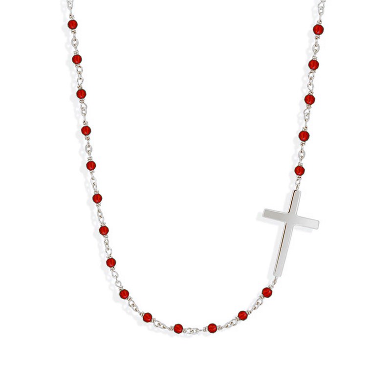 Collier Argent Rhodié Croix Et Pierre Onyx Rouge