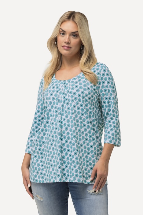 T-Shirt, Blüten, A-Linie, Zierfalten, Rundhals, 3/4-Arm