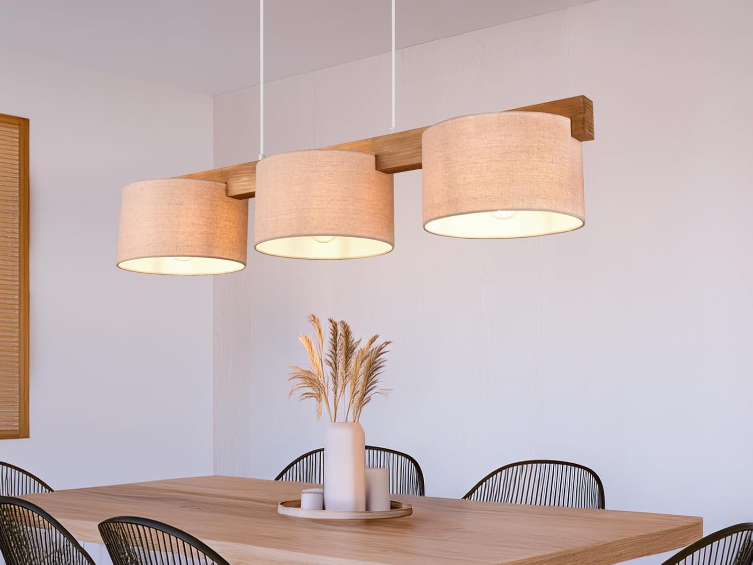 meineWunschleuchte Holzbalken Pendelleuchte 3 flammig mit Stoff Lampenschirmen in Beige, Breite 100cm