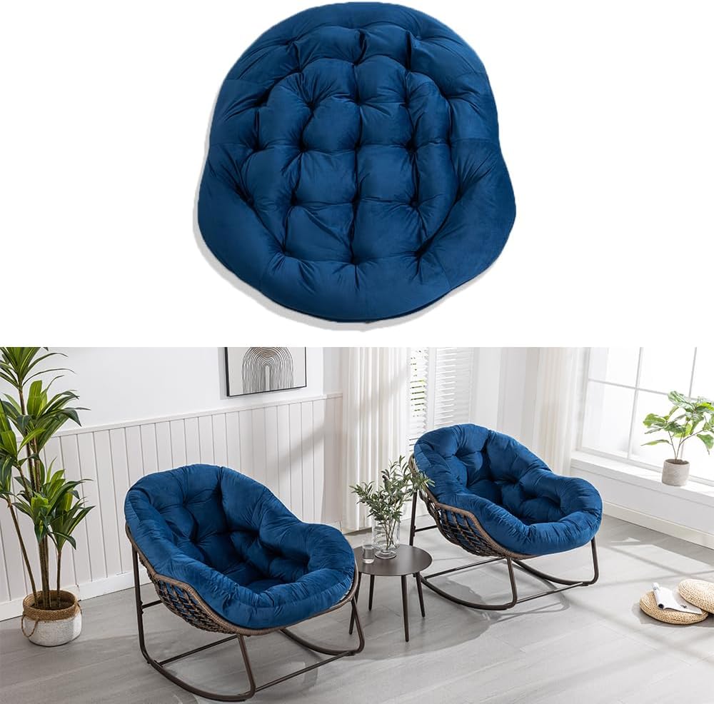 Schaukelstühle 1PCS – Moderner Außengarten-Rocker mit Dicker Polsterung, Oversized Rattan Ei-Schaukelstuhl für Balkon, Terrasse, Garten, Innen & Außenbereich, Tiefblau