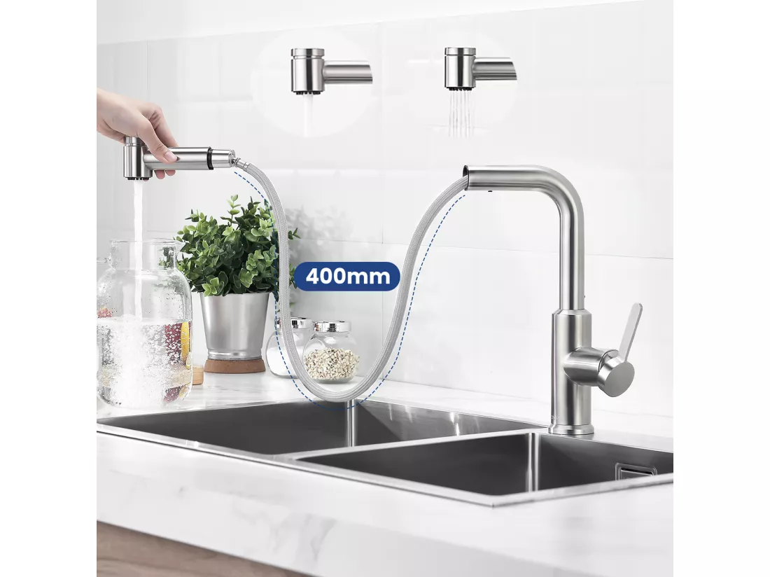 Cecipa max Mitigeur de Cuisine Extractible - Robinet Cuisine à 2 Jets 360 Rotatif - Mitigeur Evier avec Douchette Brossé,EU Modèle
