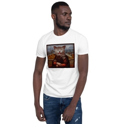 Camiseta masculina Mascochula, La Gioconda, personalizada com seu animal de estimação, branca