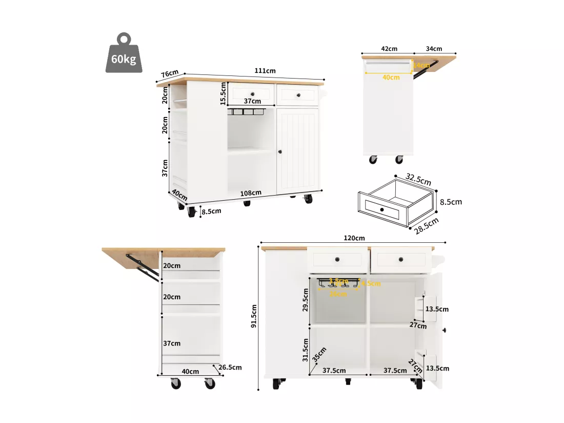 Ilot central de cuisine - chariot à roulette avec plateau extensible - 2 tiroirs et 1 portes - Blanc