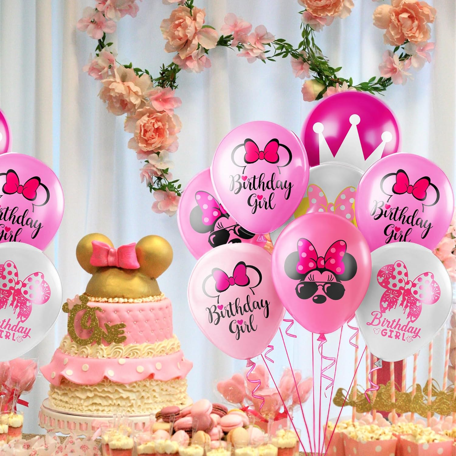 (12er Set) Happy Birthday Latex Ballons Kinder Geburtstags Party Deko Maus Luftballons mit Konfetti - Pink / Rosa / Weiss