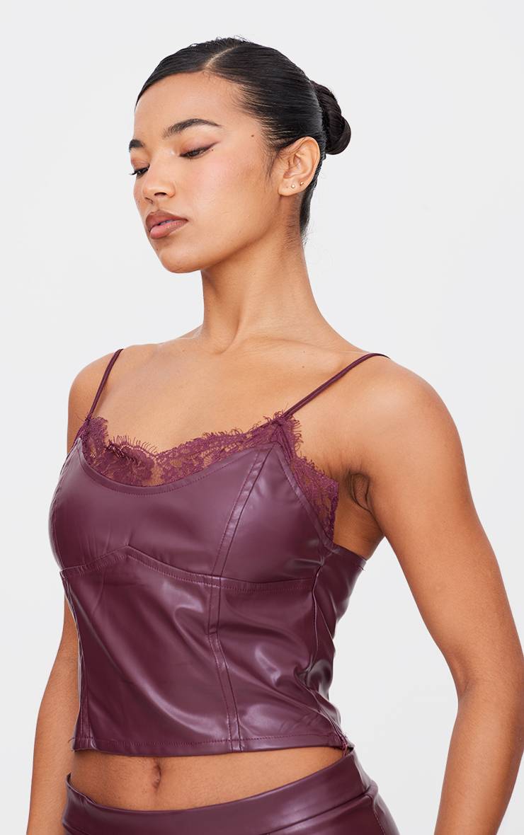 Rouge Bordeaux Top Caraco En Synthétiquecuir Mat Avec Bordure En Dentelle