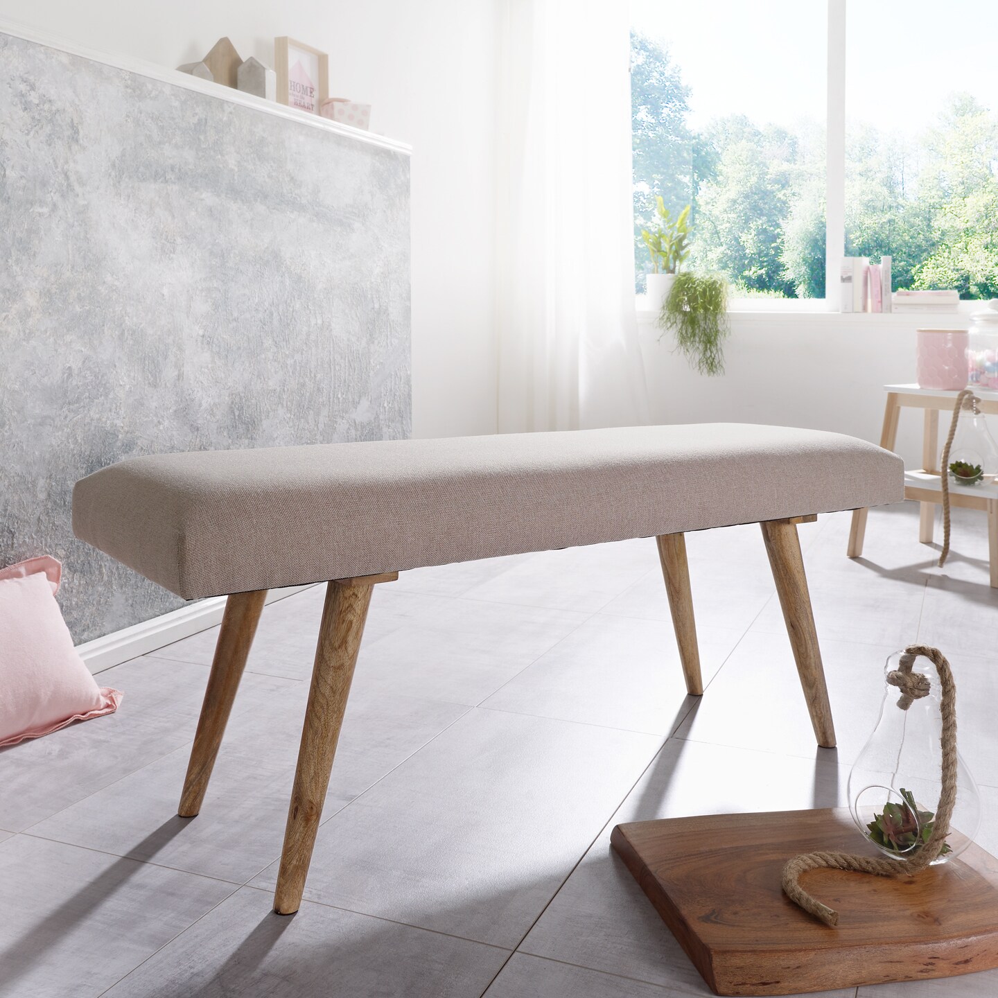 KADIMA DESIGN Sitzbank SILE: Retro-Stil, Bequeme Polsterung, Strapazierfähiger Stoffbezug, Massivholz, Anti-Rutsch-Noppen