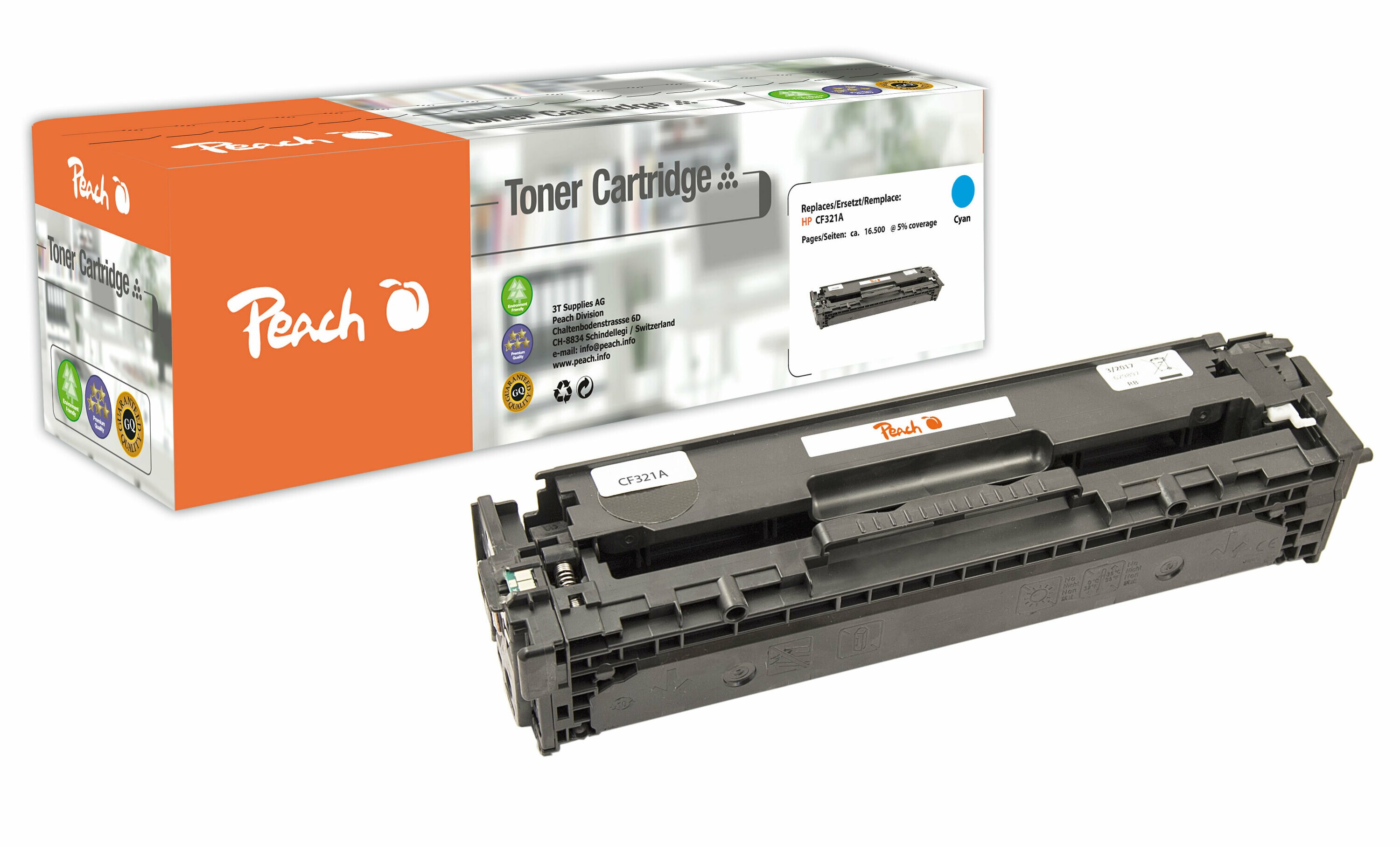 Peach HP 653 AC Toner cy ersetzt HP No. 653A C, CF321A für z.B. HP Color LaserJet Enterprise Flow MFP M 680 z (wiederaufbereitet)