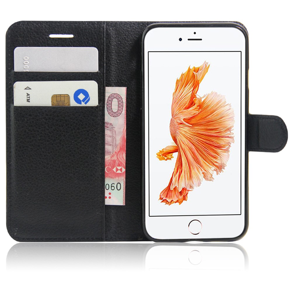 iPhone SE (2022/2020) / 8 / 7 Leder Tasche Hülle Karten Etui Litchi Look - Schwarz