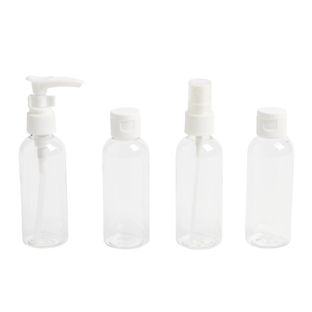 Kit 4 flacons de voyage + trousse en plastique transparent